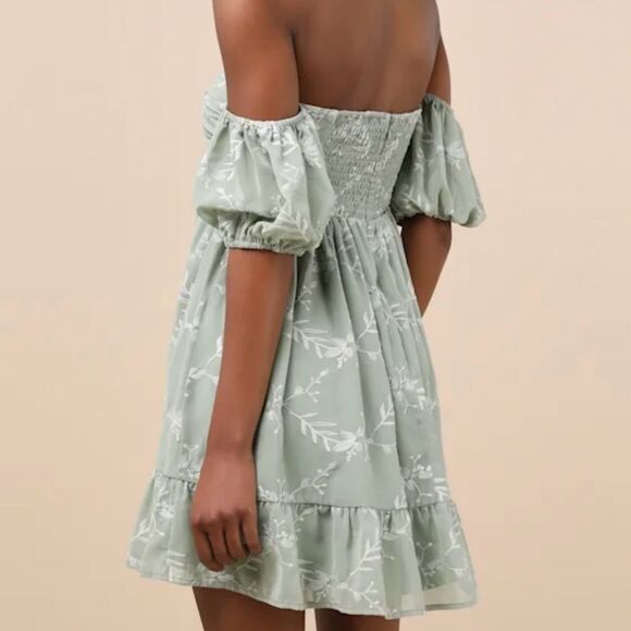 Lulus Cutest Icon Sage Green Embroidered Off-the-Shoulder Mini Dress - Picture 4 of 10